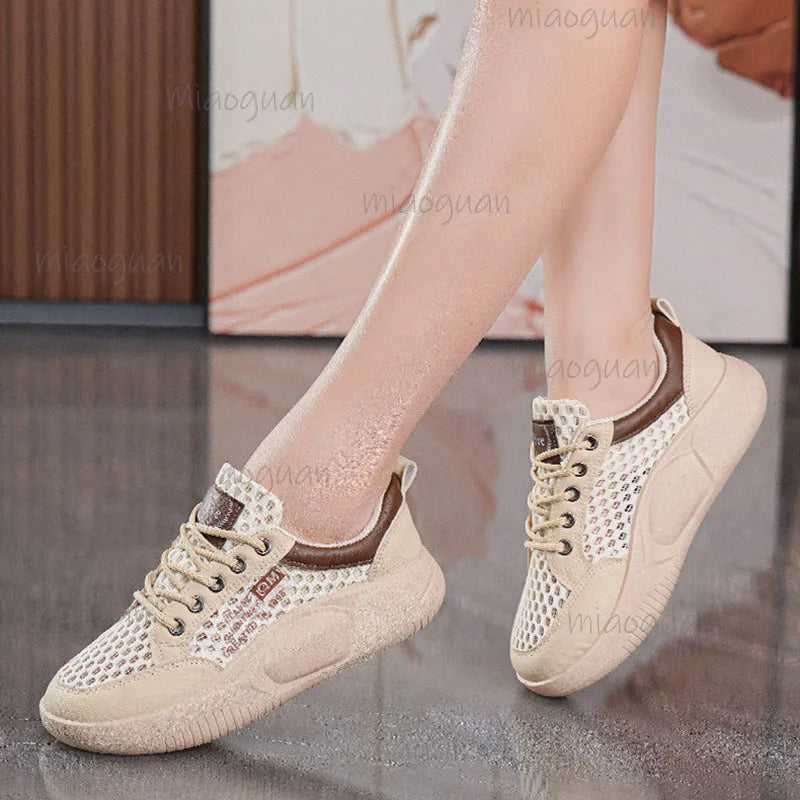 Women's Platform Mesh Sneakers – Breathable Lace-Up Casual Shoes