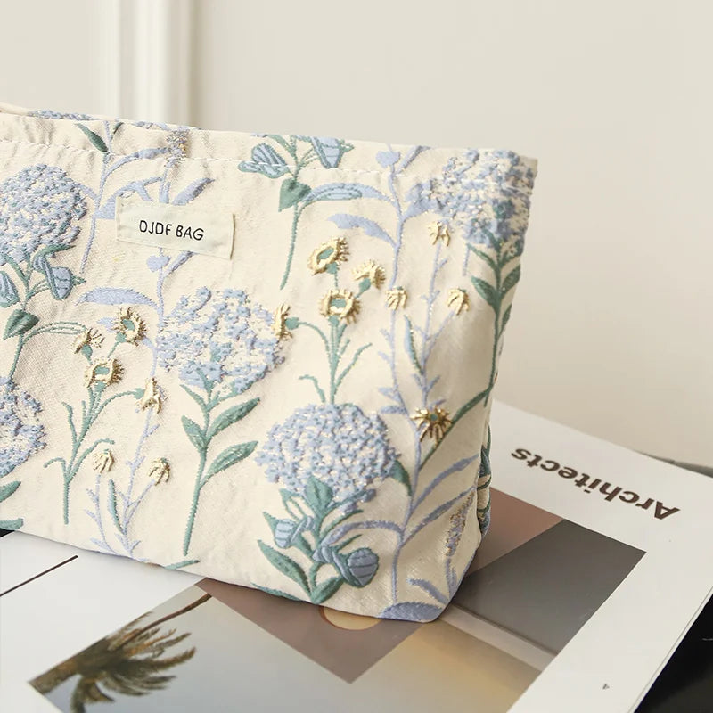Blue Bouquet Women Makeup Bag Large Capacity Canvas Toiletry Bag-for