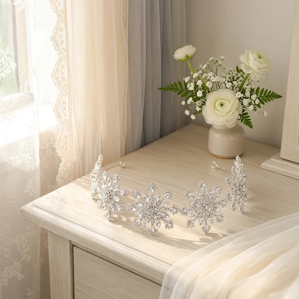Bridal Rhinestone Snowflake Hairband | Korean Style Wedding Updo