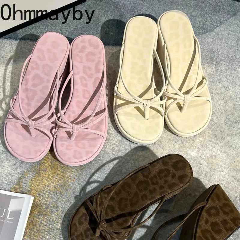 Women's Platform Wedge Slippers – Leopard Clip Toe Slides
