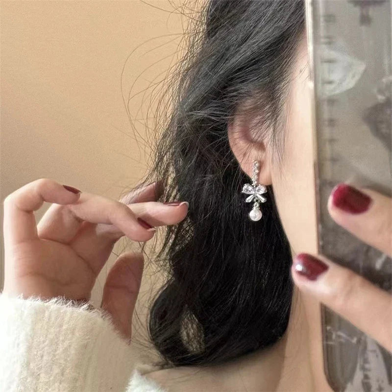 Bow Pearl Dangle Stud Earrings – Sweet Fashion Jewelry Women