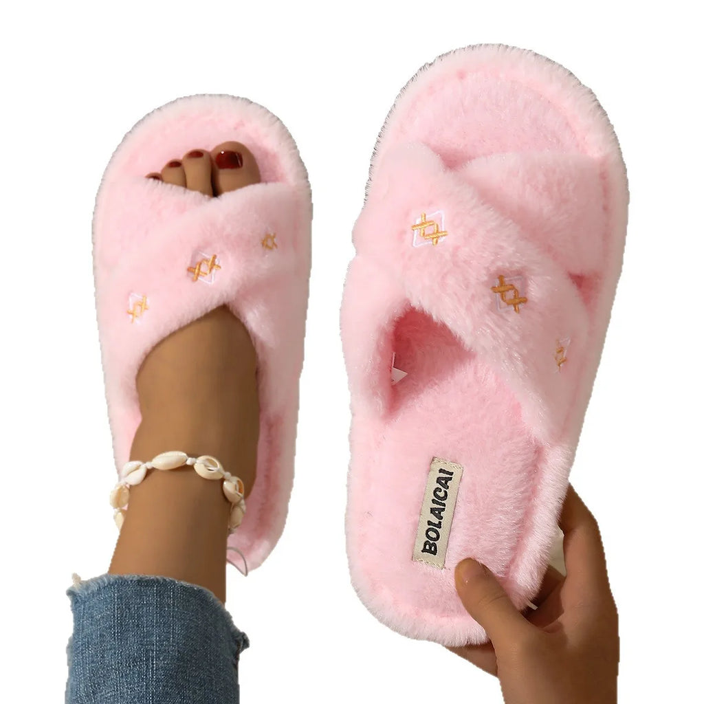Women's Fluffy Fur Slippers – Embroidery Plush Cross Band Slides