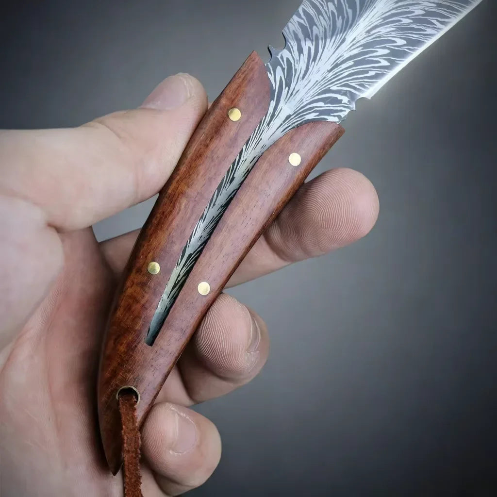 EDC Fixed Blade Knife – Patterned Leaf Blade & Wood Handle