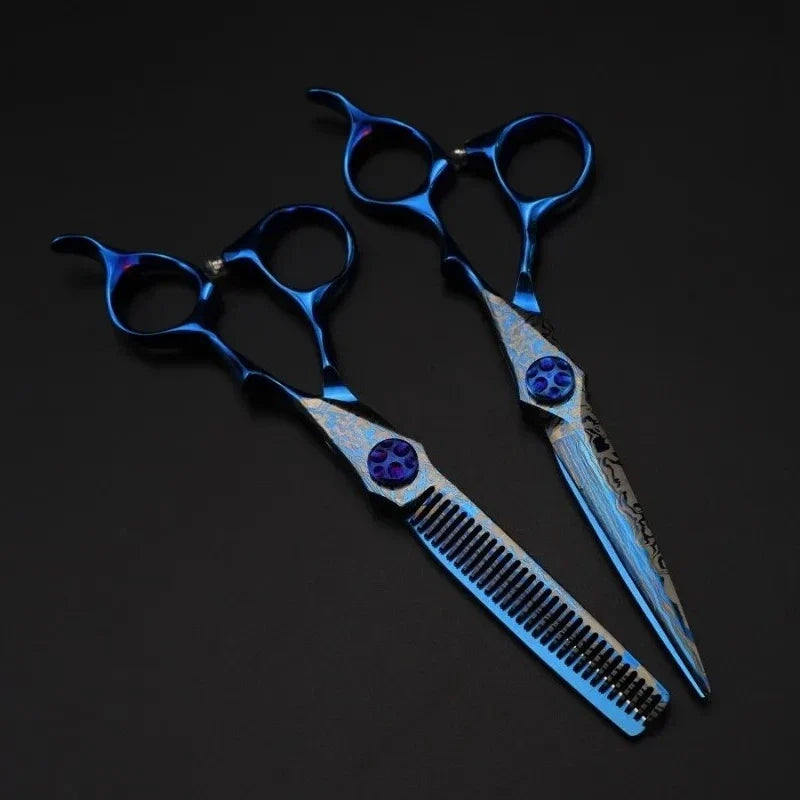 6" Blue Damascus Hair Cutting & Thinning Scissors | Pro Shears