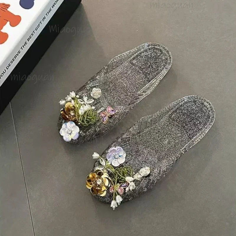 Crystal Flower Jelly Sandals – Women's Beach Slip-On Slippers