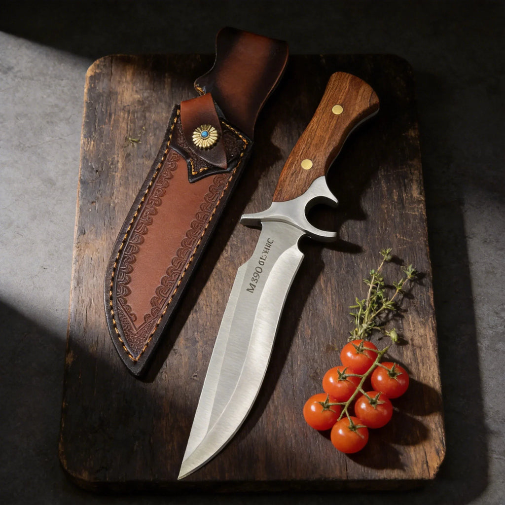 M390 Fixed Blade Kitchen Knife – Walnut Handle & Leather Sheath