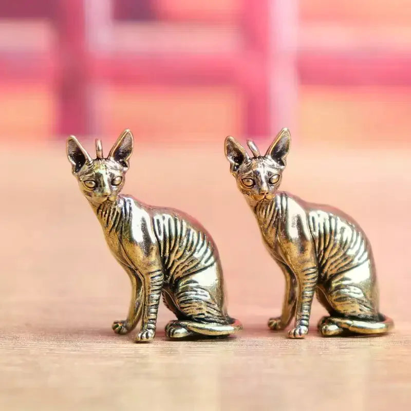 Solid Brass Hairless Cat Statue | Vintage Desktop Figurine