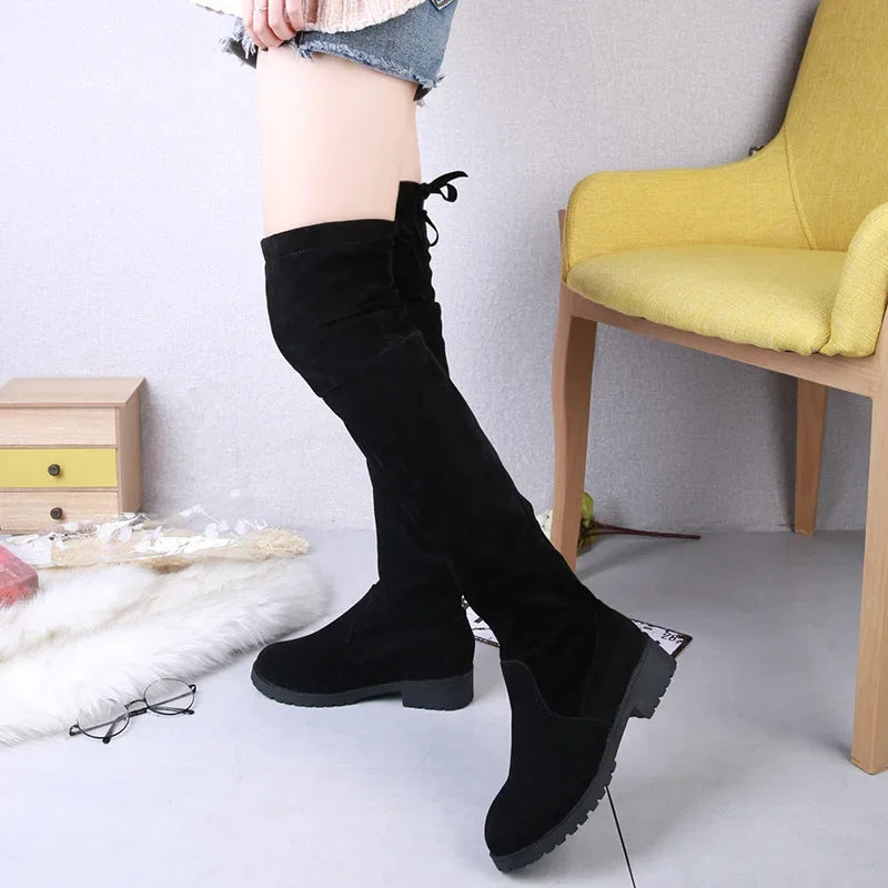 Women's Winter Knee-High Lace-Up Velvet Wedge Boots