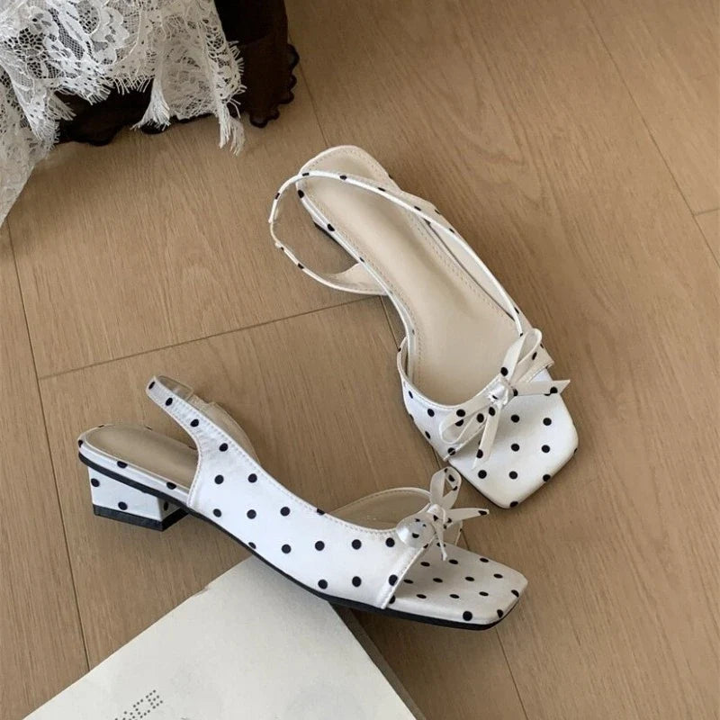 Polka Dot Bow Women's Slingback Sandals – Square Toe Low Heel