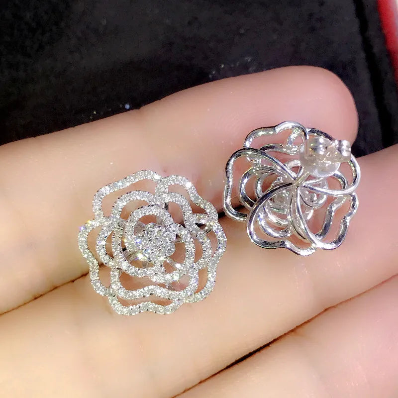 Huitan Camellia Flower CZ Crystal Stud Earrings – Silver