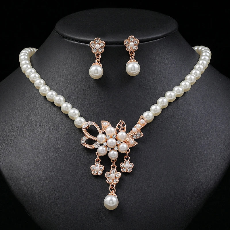 Women's Faux Pearl Rhinestone Flower Necklace & Earring Set