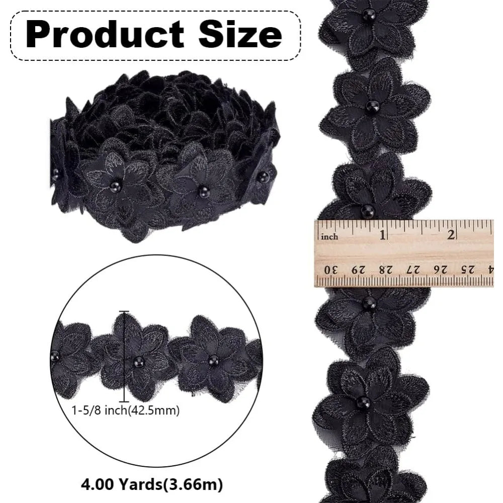 Pearl Trim Organza Lace Ribbon 4 Yds – 3D Floral Applique Black