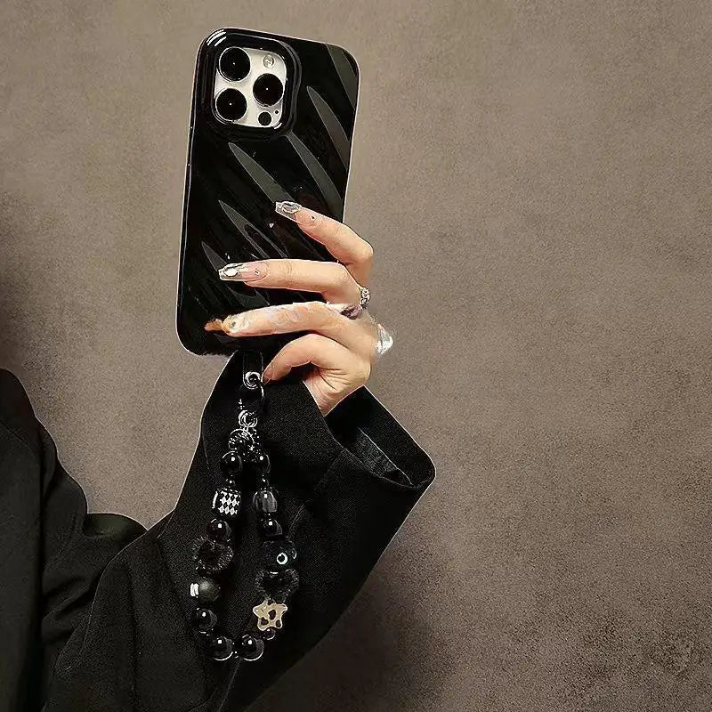 Luxury Black Fluffy Cat Phone Wrist Strap & Beaded Chain