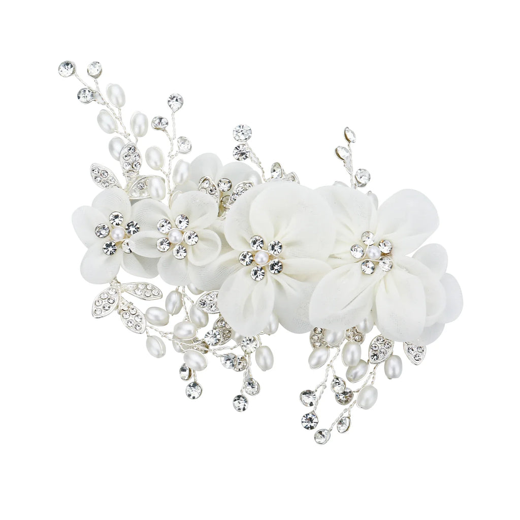 White Flower Hair Clip with Rhinestones & Pearls | Floral Hairpin