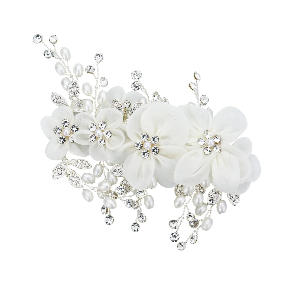 White Flower Hair Clip with Rhinestones & Pearls | Floral Hairpin
