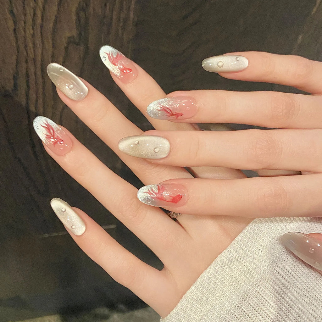 Cat Eye Press On Nails – Goldfish Print Chinese Style 10pc