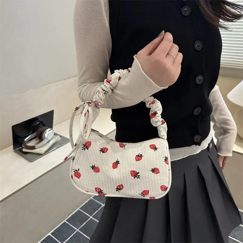 Corduroy Mini Shoulder Bag | Strawberry Print Half Moon Tote