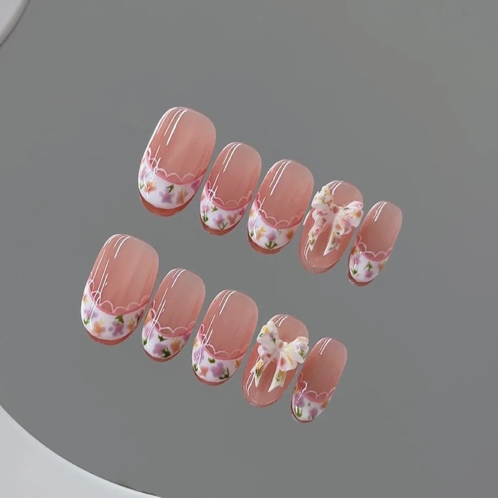 Handmade Pink French Floral Press On Nails | Short Round 10pcs