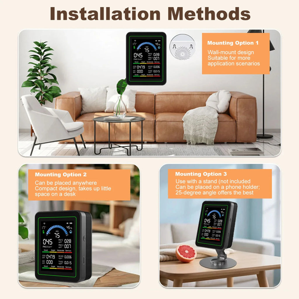 10-in-1 Indoor Air Monitor LCD Screen PM2 5 PM10 CO2 Formaldehyde