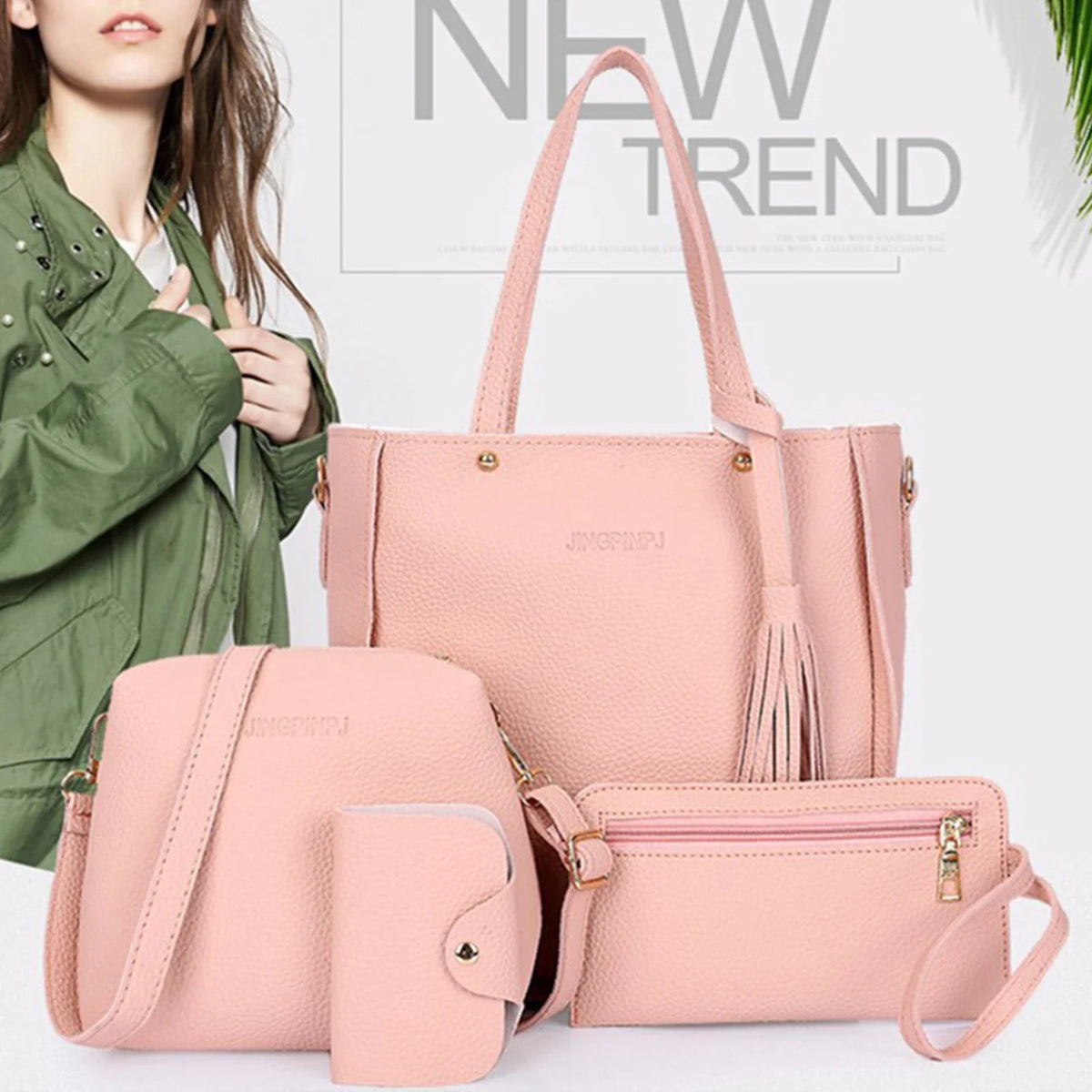 Women's 4-Piece Tote Bag Set | Canvas & PU Leather Purse Set
