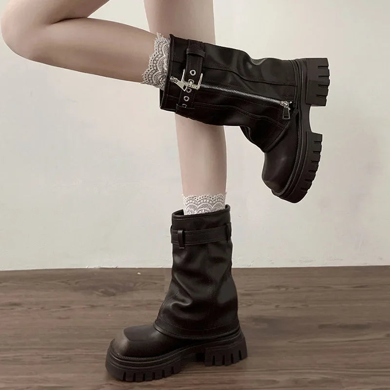 Women's Winter Platform Biker Boots – Belt Buckle Mid-Calf