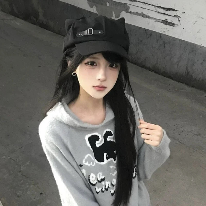 Women's Cat Ear Gothic Beret – Y2K Harajuku Punk Cotton Hat