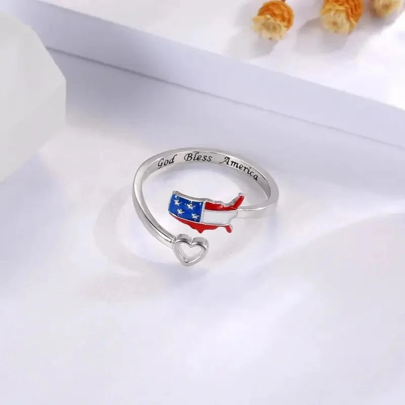 Huitan Heart American Flag Adjustable Ring – Patriotic Jewelry