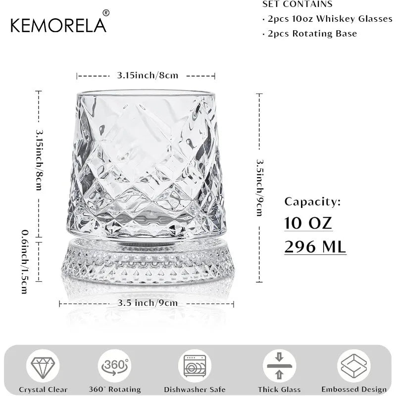KEMORELA 300ml Spinning Whiskey Glasses Set of 2 | Bar Gift