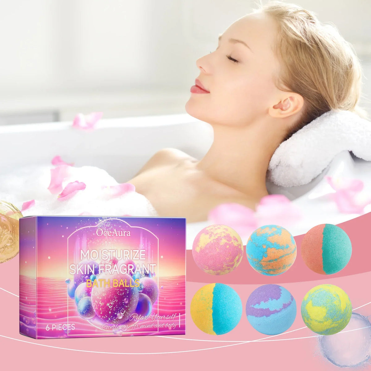 OceAura Lavender & Rose Bath Bomb Set – 6 Pc Aromatherapy