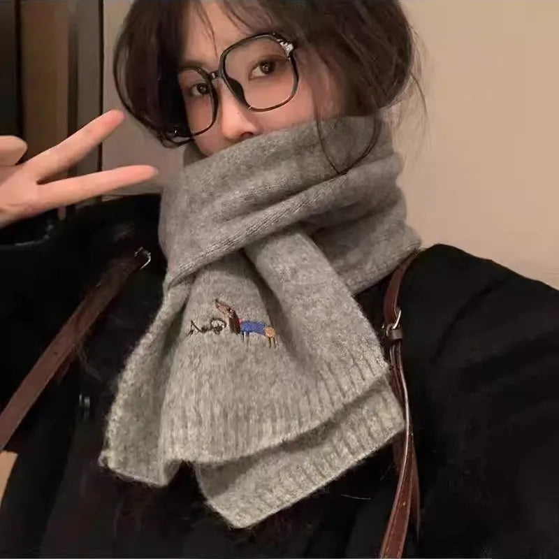 Korean Embroidered Puppy Knit Neck Gaiter | Cozy Scarf