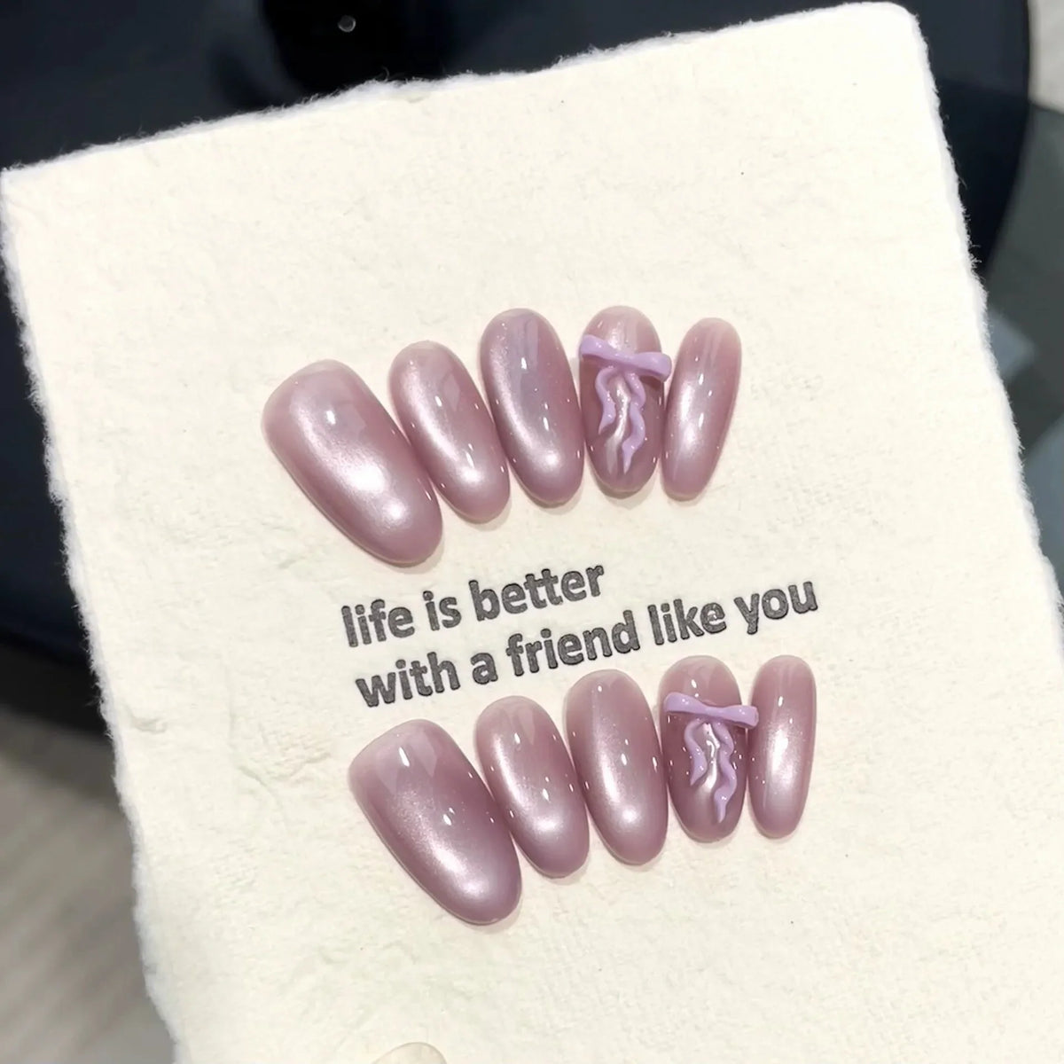 Handmade Press-On Nails | Bow Cat's Eye Blush Almond | YADORNOS