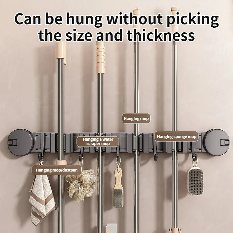 No-Drill Suction Cup Mop Rack Wall-Mounted Holder with 6 Hooks