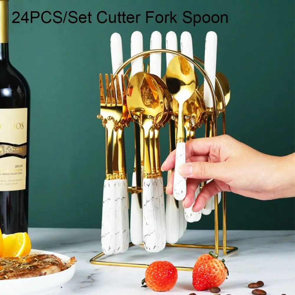24-Piece Marbled Stainless Steel Cutlery Set with Storage Rack