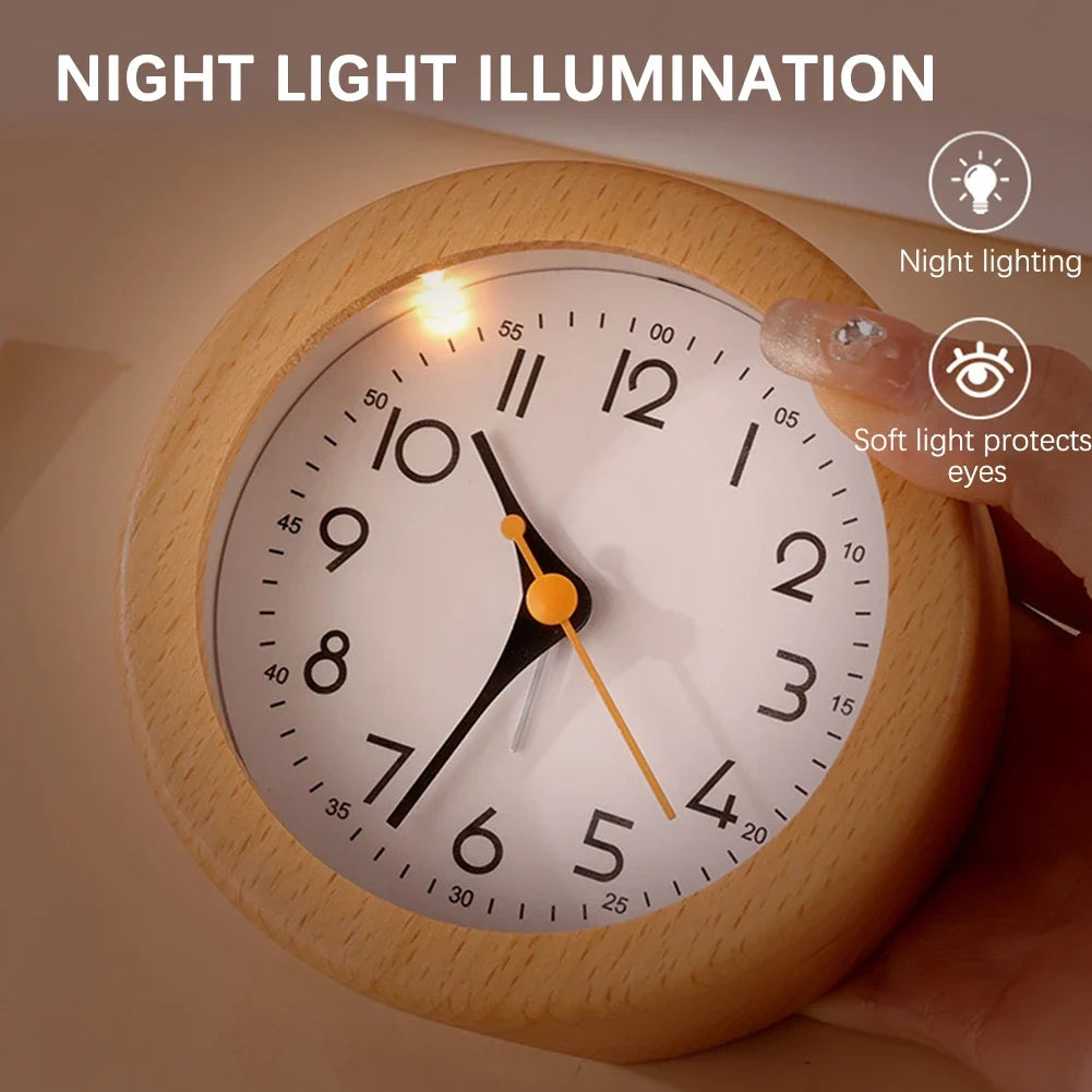 Minimalist Solid Wood Analog Alarm Clock with Night Light