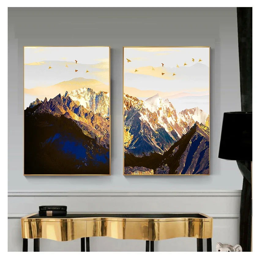 Nordic Snow Mountain Golden Abstract Canvas Wall Art Print Poster