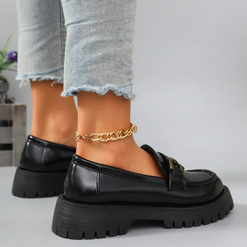 Women's Mary Jane Platform Flats – Metal Chain Buckle Oxfords