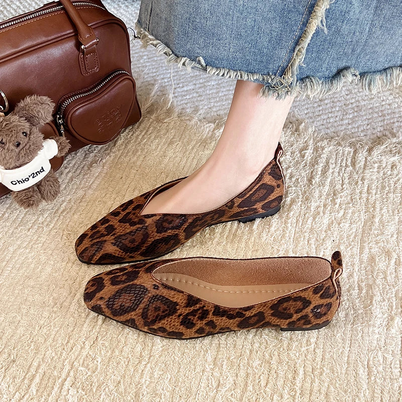 Snake Print Women's Ballet Flats – Square Toe Slip-On Loafers