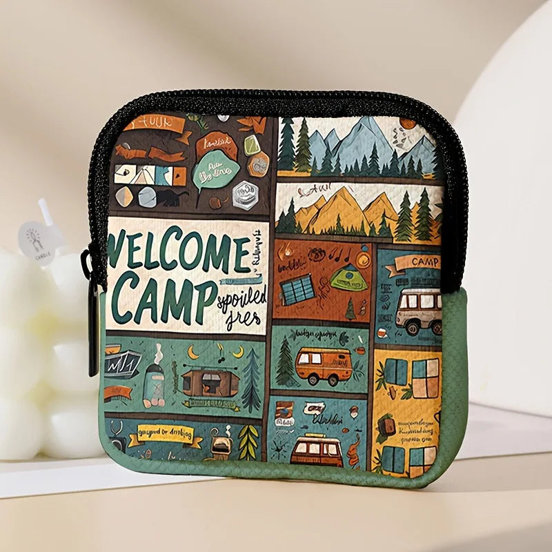 Camp Print Coin Purse Faux Leather Waterproof Imitation Zipper