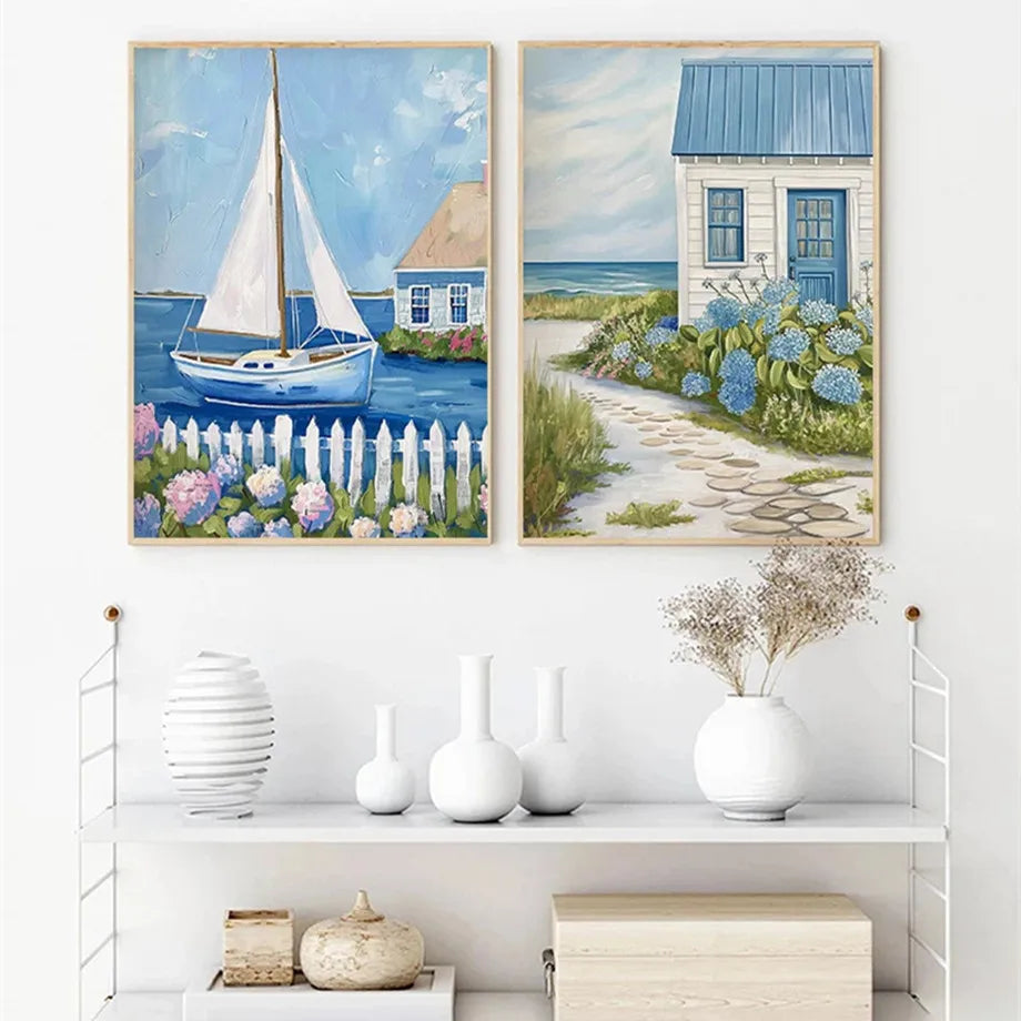 Blue Coastal Canvas Wall Art | Hydrangea Beach Seashell Print