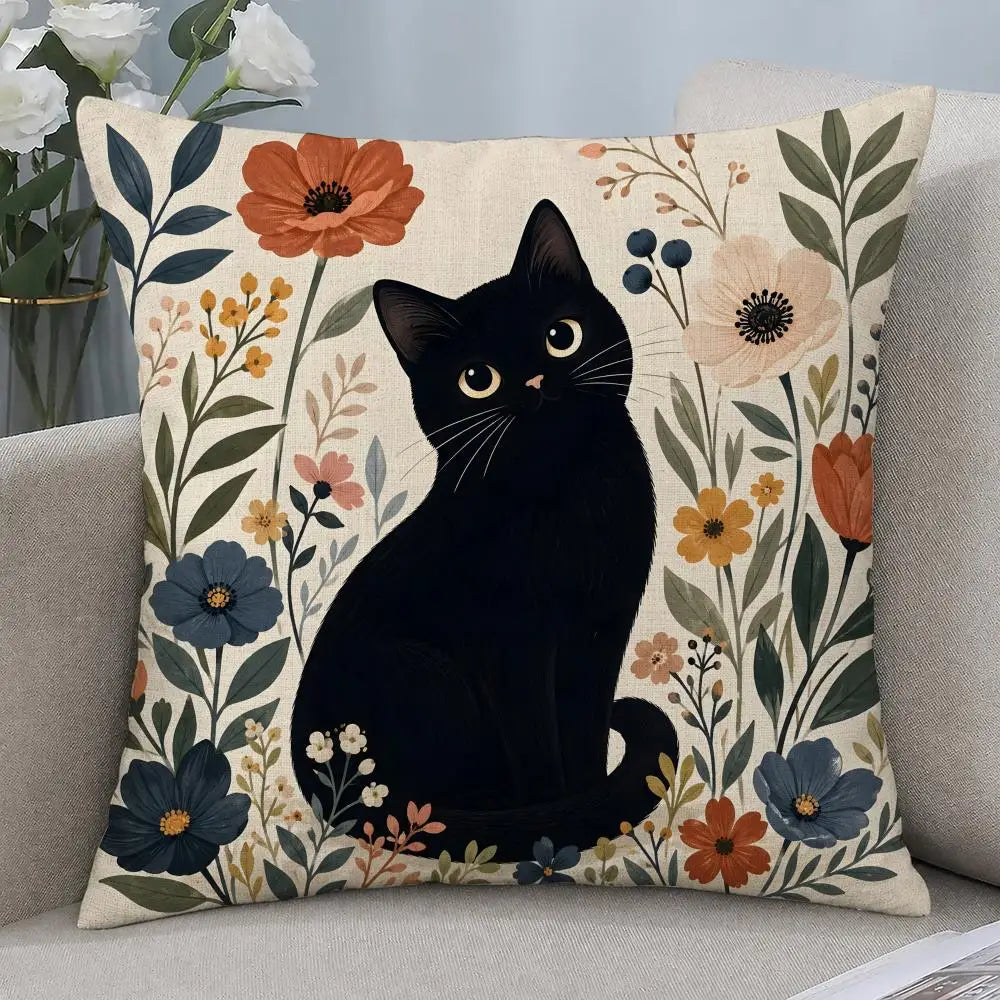 Black Cat Floral Linen Cushion Cover | Sofa & Bedroom Decor