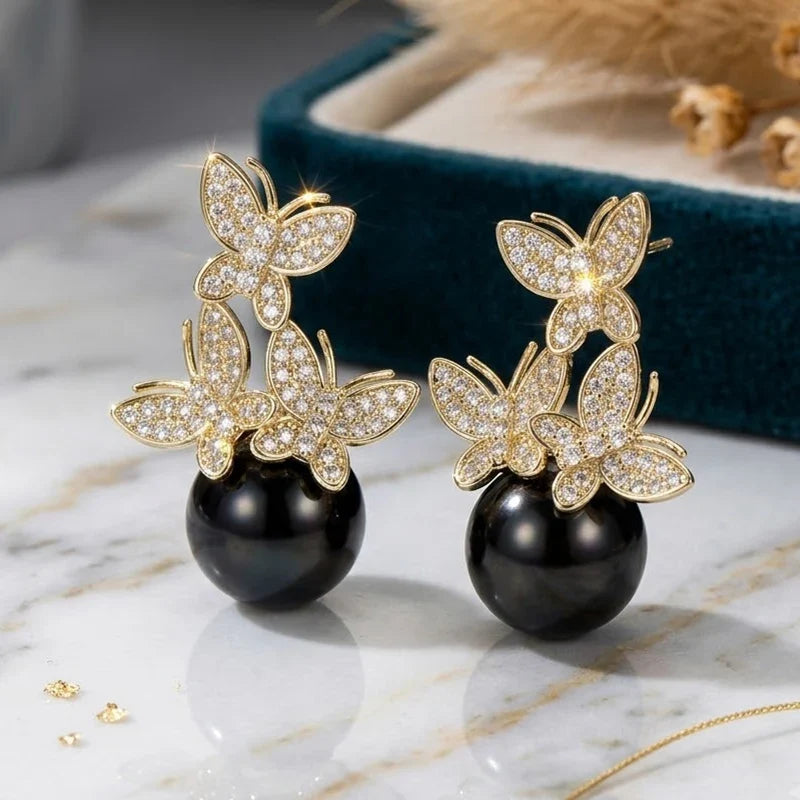 Huitan Butterfly Drop Earrings – CZ & Pearl Wedding Jewelry