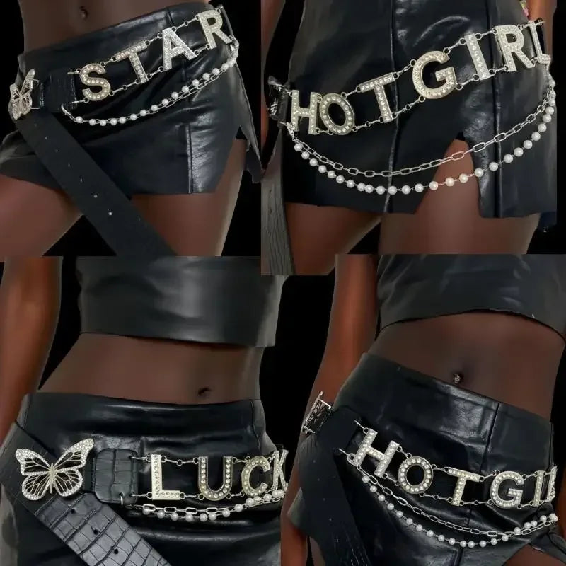 Rhinestone Y2K Letter Belt – PU Butterfly Chain Women's Belt