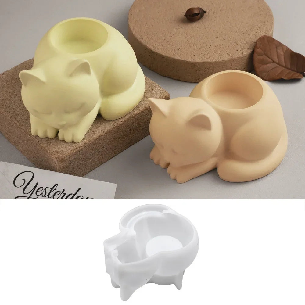 3D Cat Candle Holder Silicone Mold Candlestick Jar Cup Mould Animal