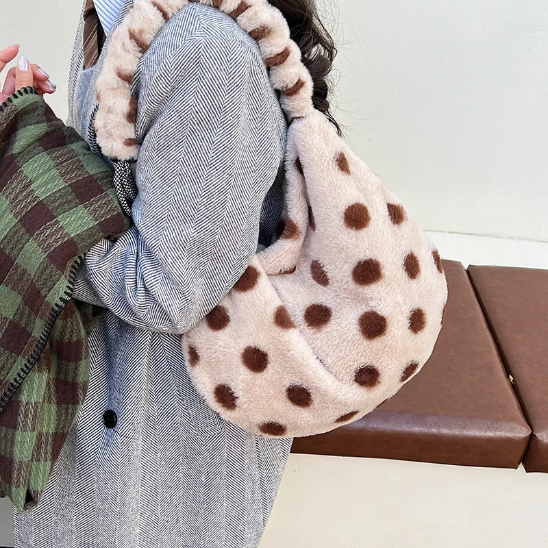 Korean Faux Fur Polka Dot Crossbody Tote Bag for Women