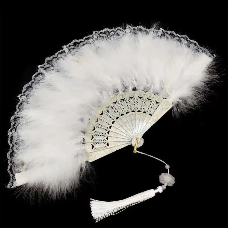 Chinese Vintage Retro Foldable Hand Fan Feathers Lace Folding