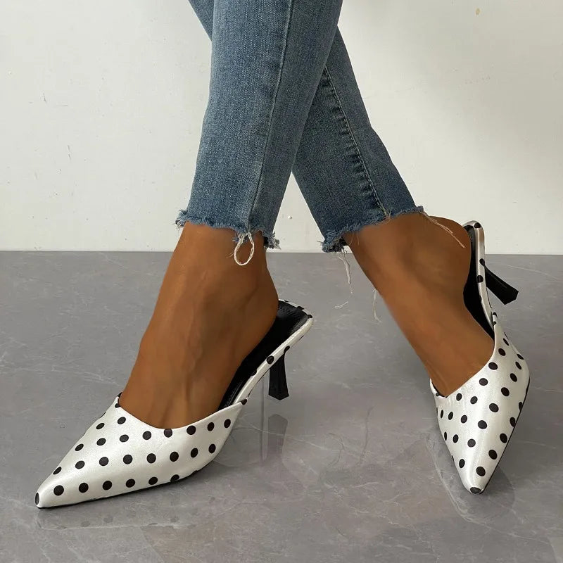 Women's Polka Dot High Heel Mules – Slip-On Dress Pumps