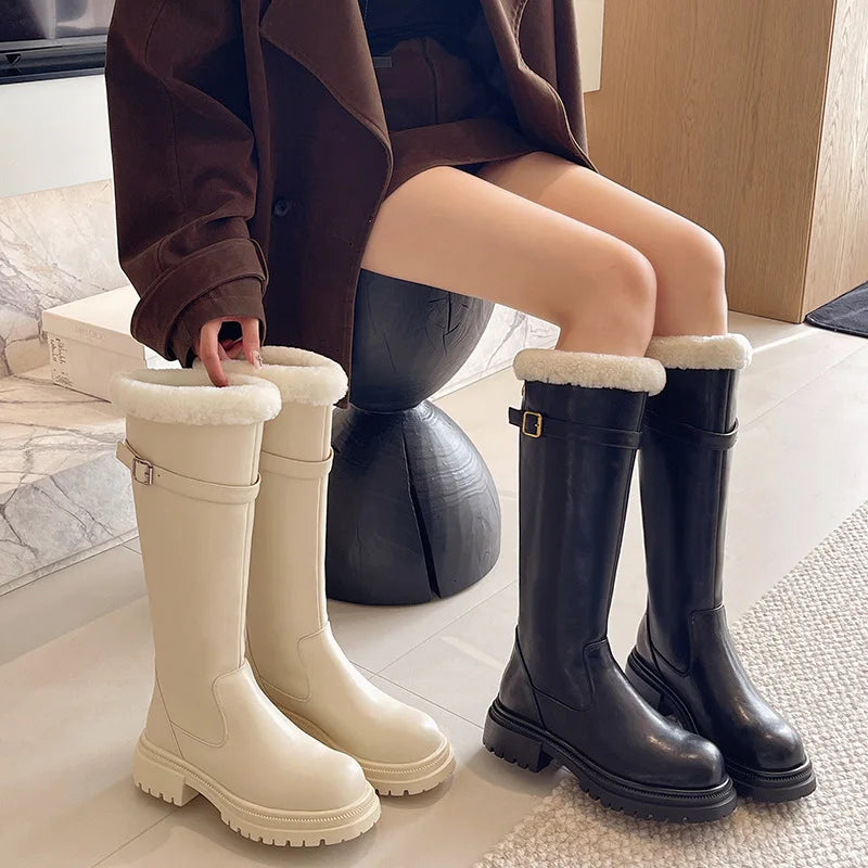 Women's Knee High Boots – Block Heel Zip Faux Leather