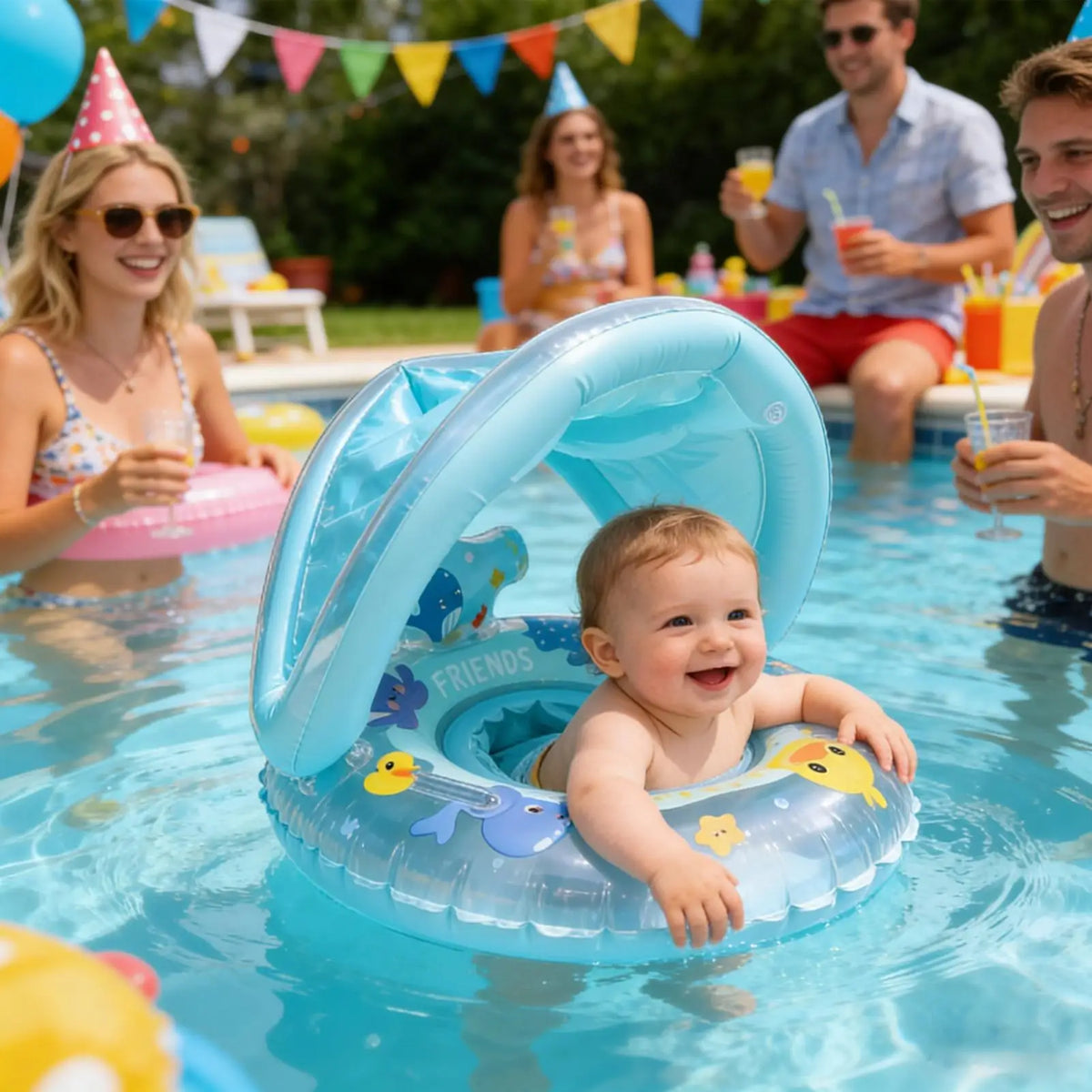 Inflatable Whale Swim Ring Pool Float with Canopy for Kids