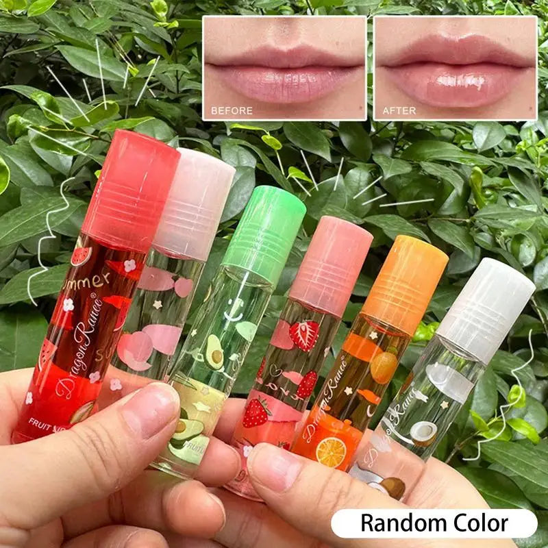 6-Color Roll-On Fruit Essence Lip Gloss & Moisturizing Lip Oil