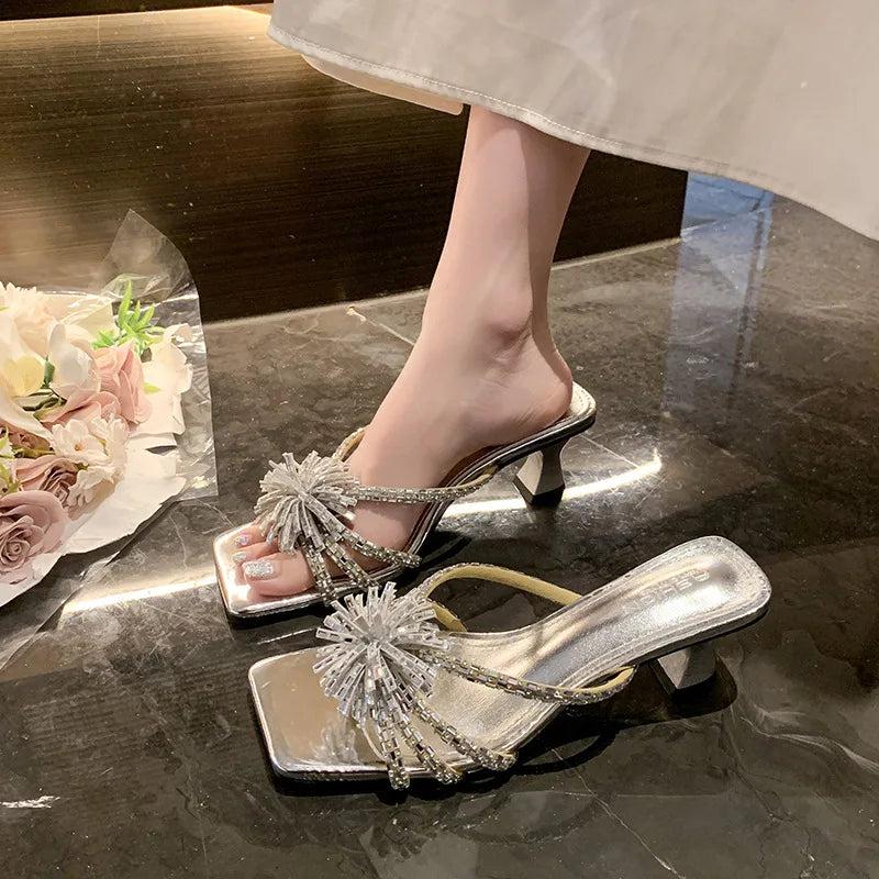 Rhinestone Chunky Heel Sandals – Square Toe Party Slippers